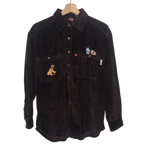 VINTAGE 90s Y2K Disney Mickey Pluto Brown Corduroy Apple Picking Shirt Shacket M - Picture 1 of 10